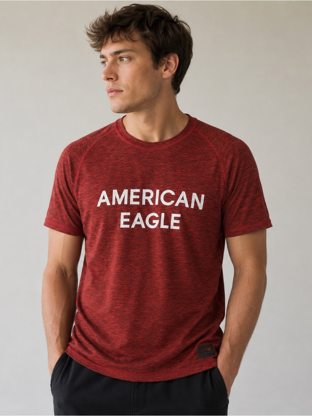 American Eagle Outfitters Red Heather Crewneck Logo Tee